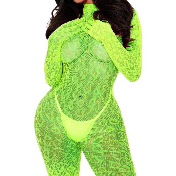 Neon Green Women Fishnet Bodysuit Lace Leopard Mesh Jumpsuit Rave Lingerie - Picture 1 of 3